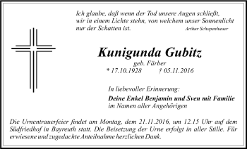 Anzeige von Kunigunda Gubitz von Nordbayerischer Kurier