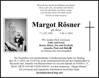 Anzeige von Margot Rösner von Nordbayerischer Kurier