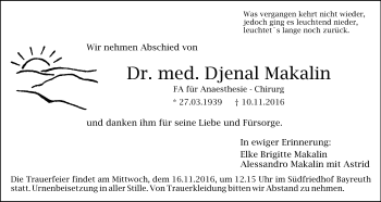 Anzeige von Djenal Makalin von Nordbayerischer Kurier