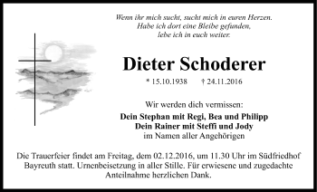 Anzeige von Dieter Schoderer von Nordbayerischer Kurier