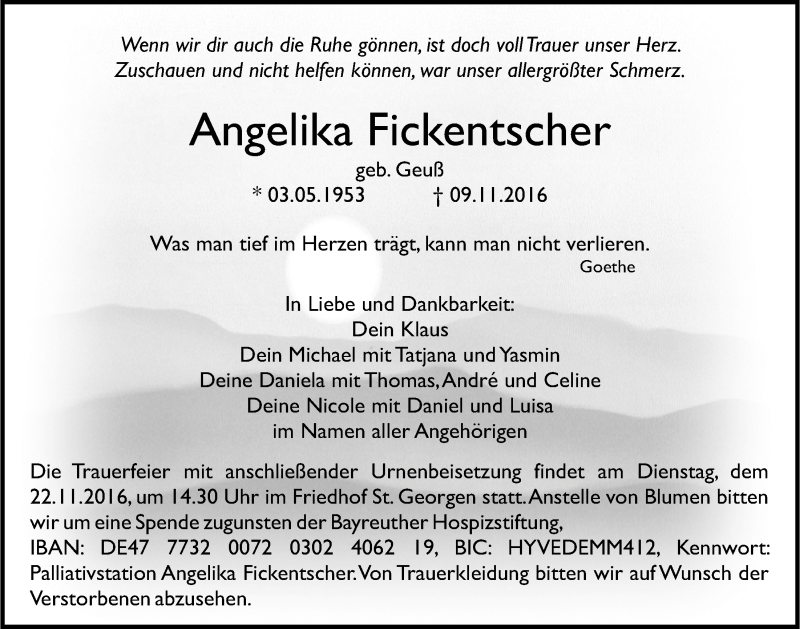  Traueranzeige für Angelika Fickentscher vom 19.11.2016 aus Nordbayerischer Kurier