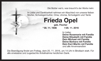 Anzeige von Frieda Opel von Nordbayerischer Kurier