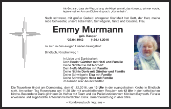 Anzeige von Emmy Murmann von Nordbayerischer Kurier