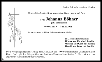 Anzeige von Johanna Böhner von Nordbayerischer Kurier