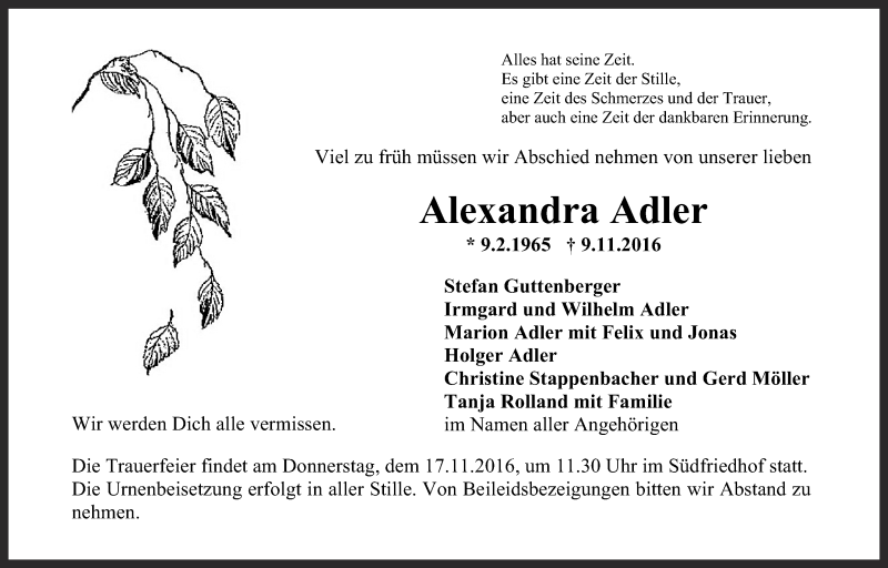  Traueranzeige für Alexandra Adler vom 12.11.2016 aus Nordbayerischer Kurier