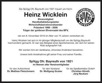 Anzeige von Heinz-Joachim Wicklein von Nordbayerischer Kurier