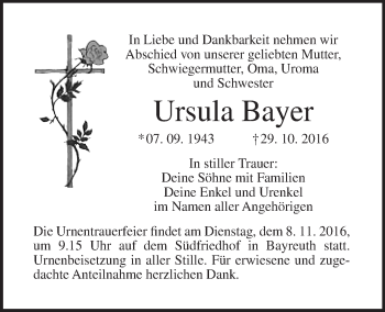 Anzeige von Ursula Bayer von Nordbayerischer Kurier
