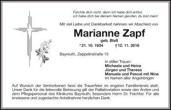 Anzeige von Marianne Zapf von Nordbayerischer Kurier