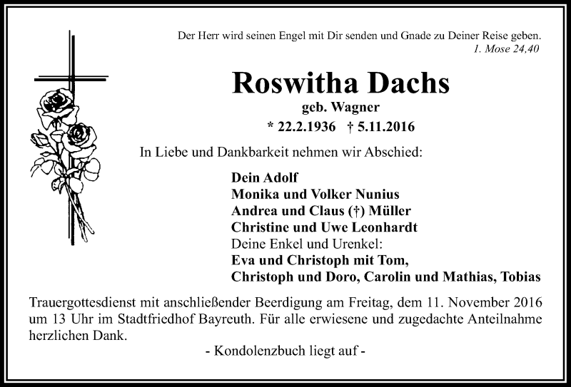  Traueranzeige für Roswitha Dachs vom 09.11.2016 aus Nordbayerischer Kurier