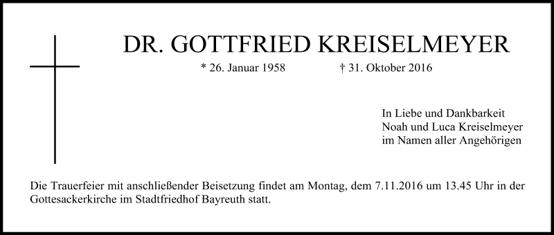  Traueranzeige für Gottfried Kreiselmeyer vom 04.11.2016 aus Nordbayerischer Kurier