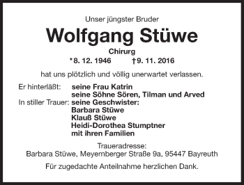 Anzeige von Wolfgang Stüwe von Nordbayerischer Kurier