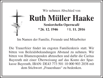 Anzeige von Ruth Müller Haake von Nordbayerischer Kurier