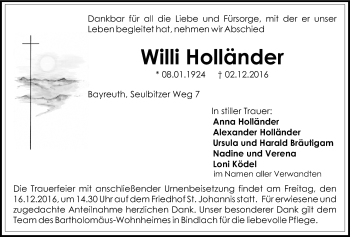 Anzeige von Willi Holländer von Nordbayerischer Kurier