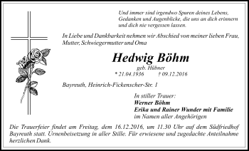 Anzeige von Hedwig Böhm von Nordbayerischer Kurier