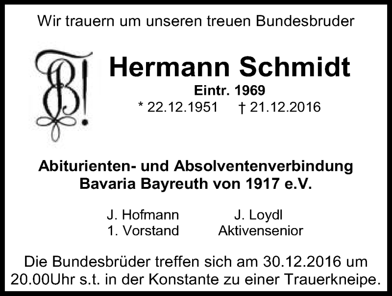  Traueranzeige für Hermann Schmidt vom 28.12.2016 aus Nordbayerischer Kurier