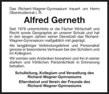 Anzeige von Alfred Gerneth von Nordbayerischer Kurier