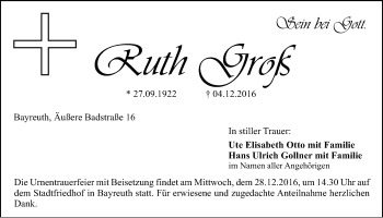 Anzeige von Ruth Groß von Nordbayerischer Kurier
