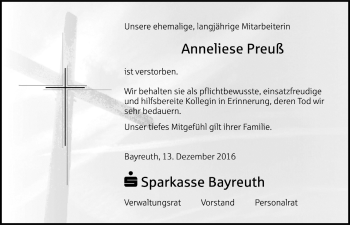 Anzeige von Anneliese Preuß von Nordbayerischer Kurier