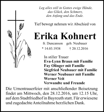 Anzeige von Erika Kohnert von Nordbayerischer Kurier