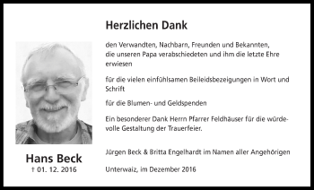 Anzeige von Hans Beck von Nordbayerischer Kurier