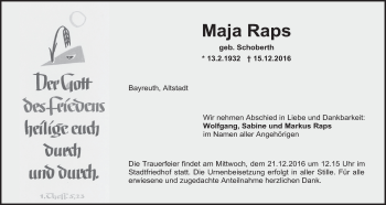 Anzeige von Maja Raps von Nordbayerischer Kurier