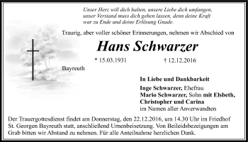 Anzeige von Hans Schwarzer von Nordbayerischer Kurier