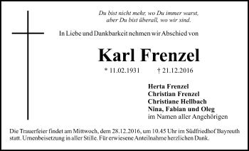 Anzeige von Karl Frenzel von Nordbayerischer Kurier