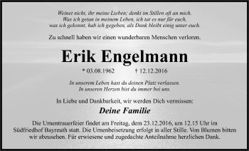 Anzeige von Erik Engelmann von Nordbayerischer Kurier