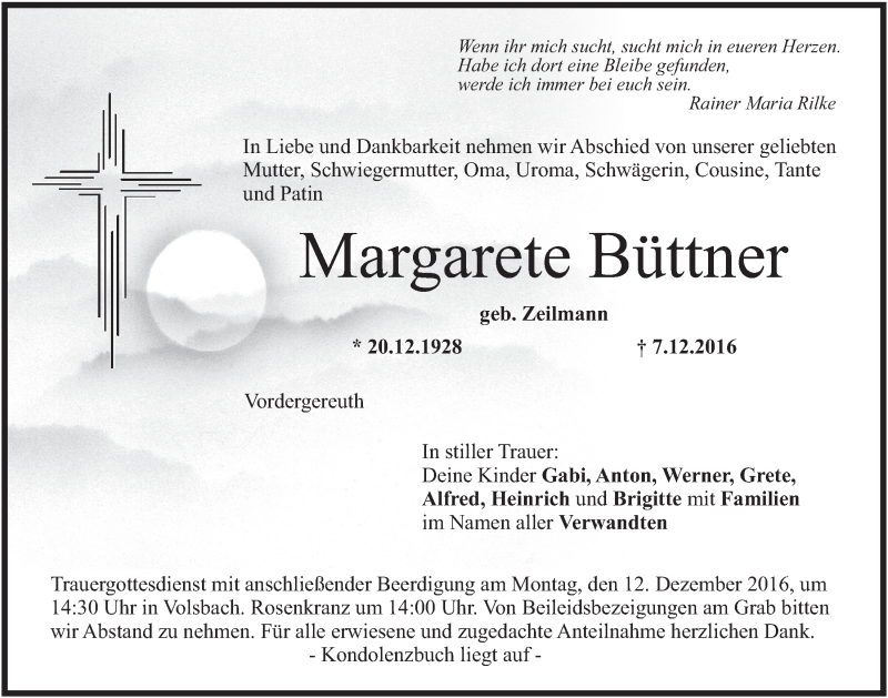  Traueranzeige für Margarete Büttner vom 09.12.2016 aus Nordbayerischer Kurier
