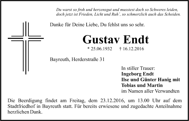  Traueranzeige für Gustav Endt vom 20.12.2016 aus Nordbayerischer Kurier