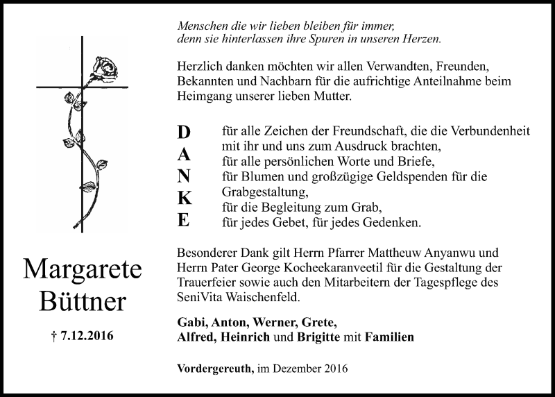  Traueranzeige für Margarete Büttner vom 20.12.2016 aus Nordbayerischer Kurier