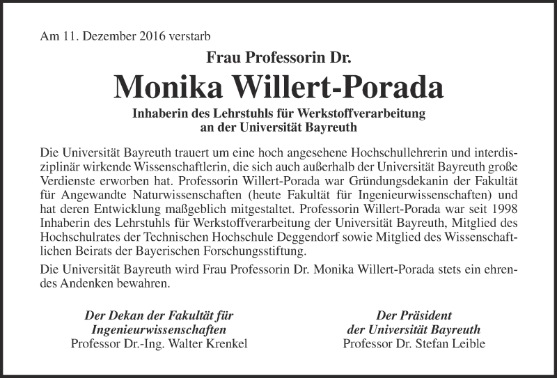  Traueranzeige für Monika Willert-Porada vom 16.12.2016 aus Nordbayerischer Kurier