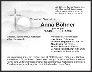 Anzeige von Anna Böhner von Nordbayerischer Kurier