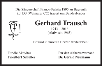 Anzeige von Gerhard Walter Trausch von Nordbayerischer Kurier