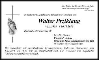 Anzeige von Walter Prziklang von Nordbayerischer Kurier