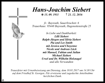 Anzeige von Hans-Joachim Siebert von Nordbayerischer Kurier