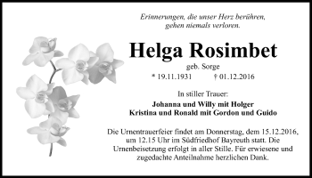 Anzeige von Helga Rosimbet von Nordbayerischer Kurier