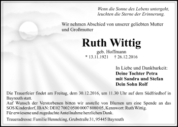 Anzeige von Ruth Wittig von Nordbayerischer Kurier