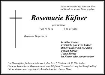 Anzeige von Rosemarie Küfner von Nordbayerischer Kurier