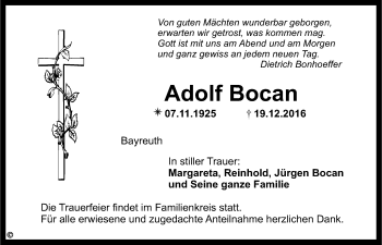 Anzeige von Adolf Bocan von Nordbayerischer Kurier