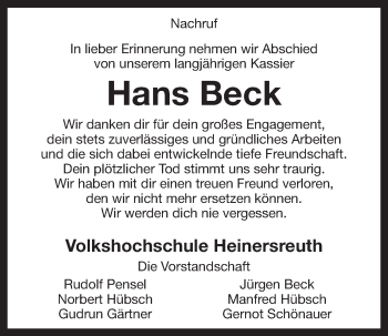 Anzeige von Hans Beck von Nordbayerischer Kurier