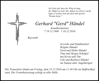 Anzeige von Gerhard Händel von Nordbayerischer Kurier