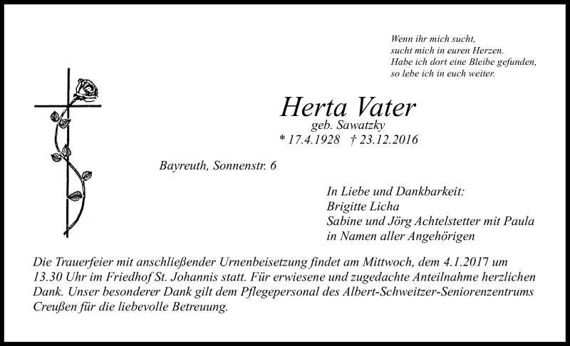  Traueranzeige für Herta Vater vom 31.12.2016 aus Nordbayerischer Kurier