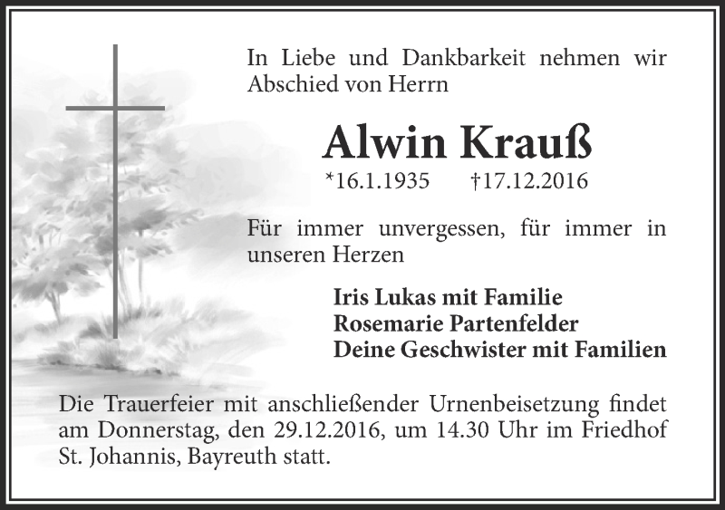 Traueranzeige für Alwin Krauß vom 27.12.2016 aus Nordbayerischer Kurier