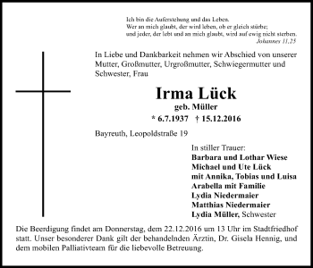 Anzeige von Irma Lück von Nordbayerischer Kurier