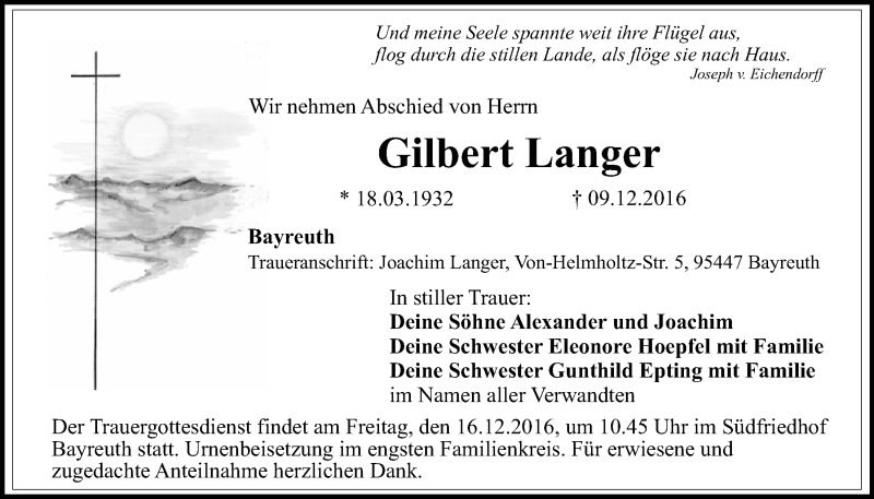  Traueranzeige für Gilbert Langer vom 14.12.2016 aus Nordbayerischer Kurier