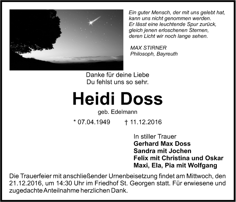  Traueranzeige für Heidi Doss vom 17.12.2016 aus Nordbayerischer Kurier