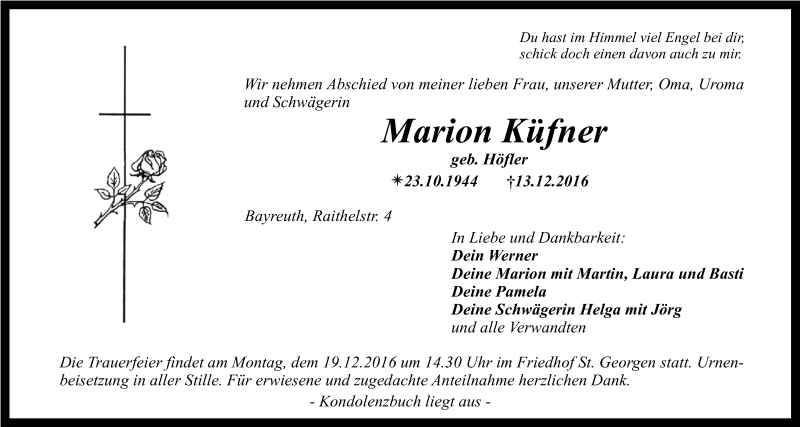  Traueranzeige für Marion Küfner vom 16.12.2016 aus Nordbayerischer Kurier