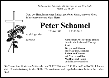 Anzeige von Peter Schamel von Nordbayerischer Kurier