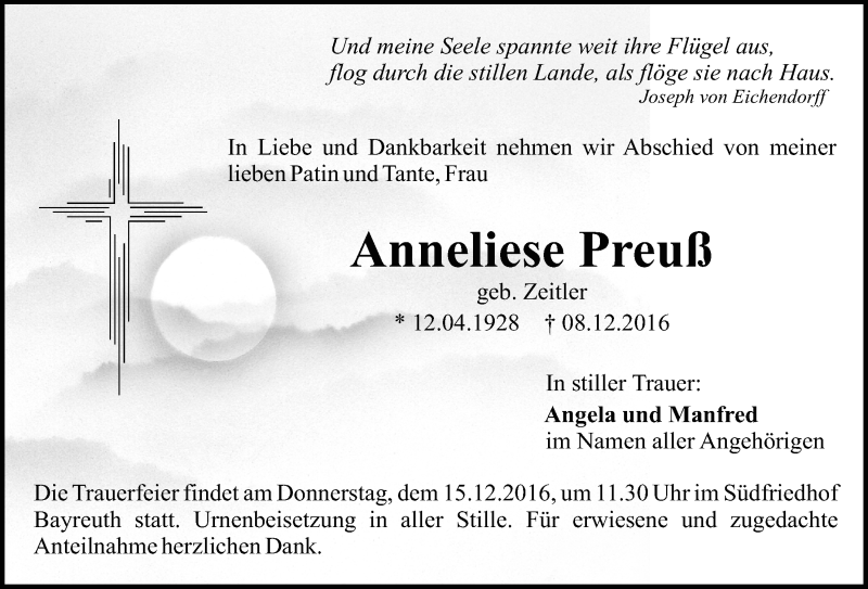  Traueranzeige für Anneliese Preuß vom 13.12.2016 aus Nordbayerischer Kurier